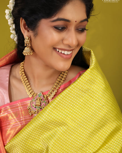 Lime Green-Pink Pure kanchipuram silk saree with allover zari woven brocade weaves & rich zari woven border