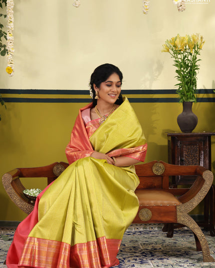 Lime Green-Pink Pure kanchipuram silk saree with allover zari woven brocade weaves & rich zari woven border