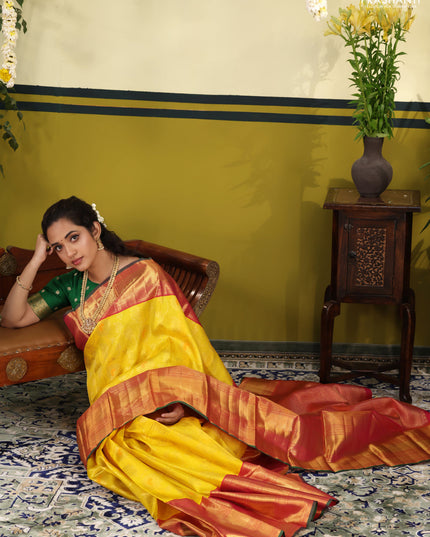 Yellow-pink Pure Kanchipuram Silk Saree With Allover zari weaves & long zari woven border