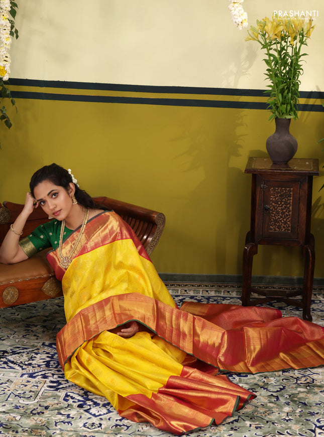 Yellow-pink Pure Kanchipuram Silk Saree With Allover zari weaves & long zari woven border