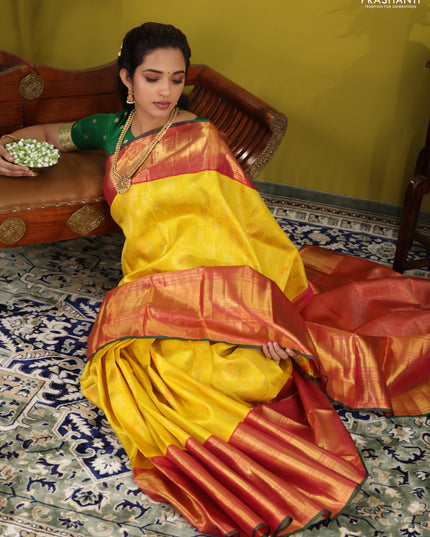 Yellow-pink Pure Kanchipuram Silk Saree With Allover zari weaves & long zari woven border