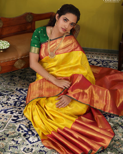 Yellow-pink Pure Kanchipuram Silk Saree With Allover zari weaves & long zari woven border
