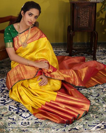 Yellow-pink Pure Kanchipuram Silk Saree With Allover zari weaves & long zari woven border