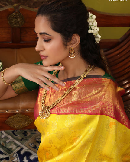 Yellow-pink Pure Kanchipuram Silk Saree With Allover zari weaves & long zari woven border