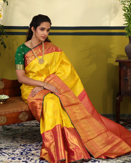 Yellow-pink Pure Kanchipuram Silk Saree With Allover zari weaves & long zari woven border