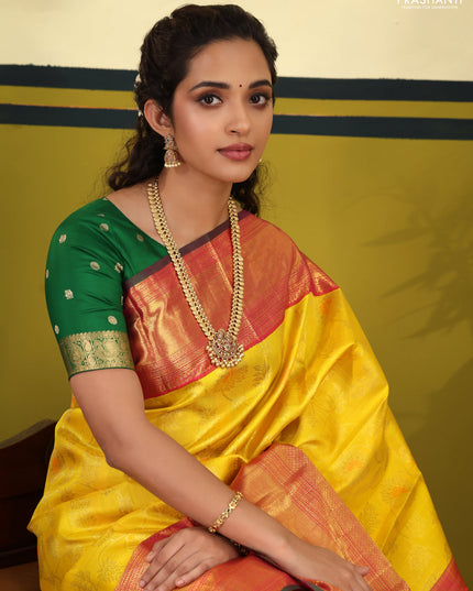 Yellow-pink Pure Kanchipuram Silk Saree With Allover zari weaves & long zari woven border