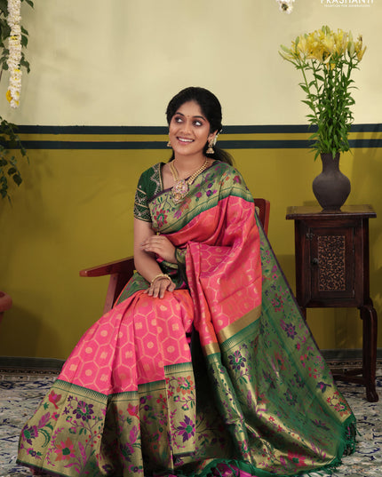 Dual shade of pinkish orange-Green Pure kanchipuram silk saree & long paithani style border
