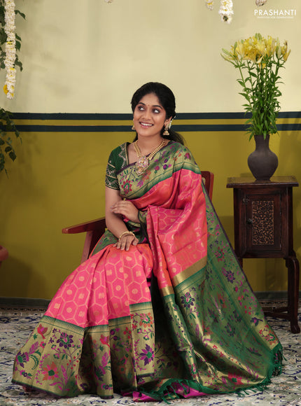 Dual shade of pinkish orange-Green Pure kanchipuram silk saree & long paithani style border