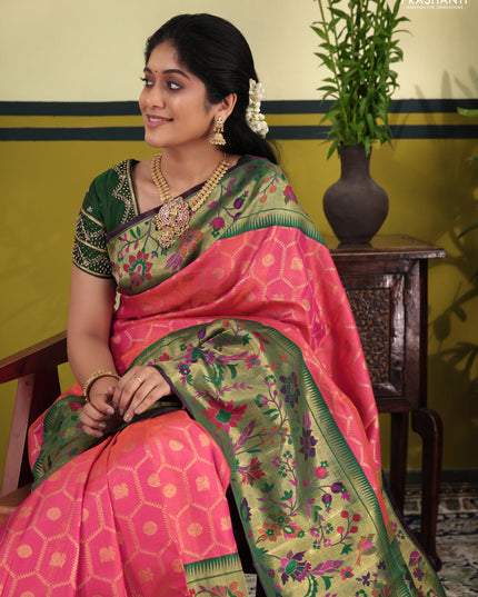 Dual shade of pinkish orange-Green Pure kanchipuram silk saree & long paithani style border