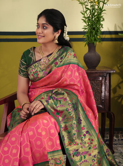 Dual shade of pinkish orange-Green Pure kanchipuram silk saree & long paithani style border