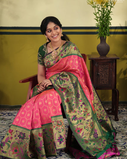 Dual shade of pinkish orange-Green Pure kanchipuram silk saree & long paithani style border