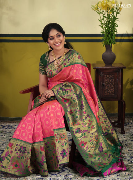 Dual shade of pinkish orange-Green Pure kanchipuram silk saree & long paithani style border