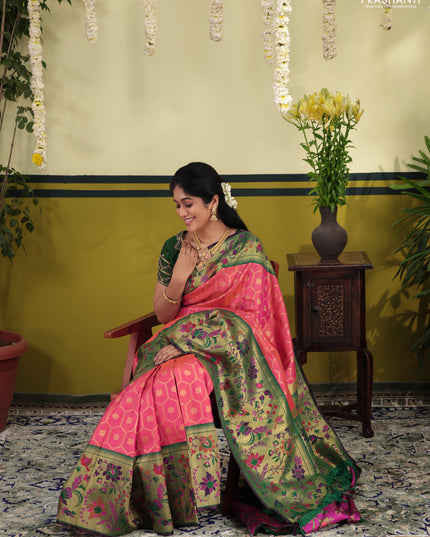 Dual shade of pinkish orange-Green Pure kanchipuram silk saree & long paithani style border