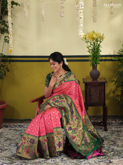 Dual shade of pinkish orange-Green Pure kanchipuram silk saree & long paithani style border