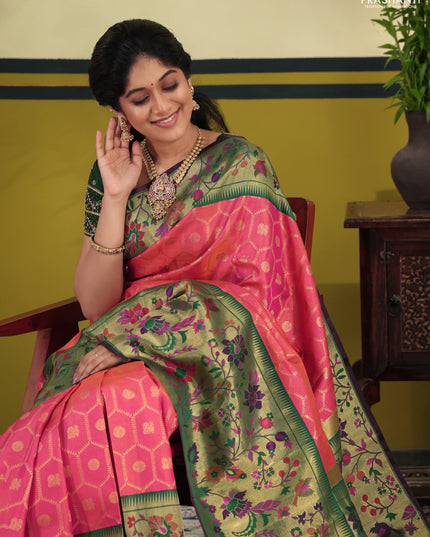 Dual shade of pinkish orange-Green Pure kanchipuram silk saree & long paithani style border