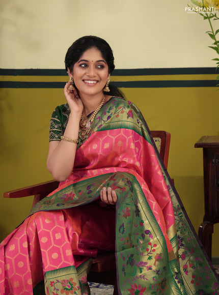 Dual shade of pinkish orange-Green Pure kanchipuram silk saree & long paithani style border