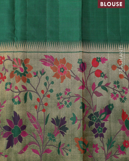Dual shade of pinkish orange-Green Pure kanchipuram silk saree & long paithani style border