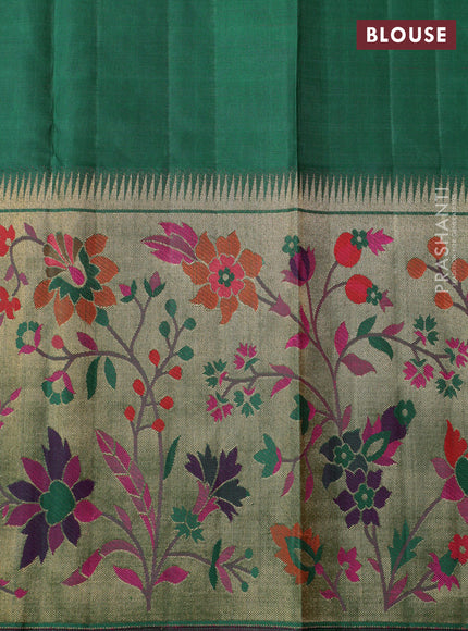 Dual shade of pinkish orange-Green Pure kanchipuram silk saree & long paithani style border