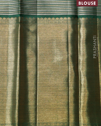 Cream-Green Pure kanchipuram silk saree with silver & gold zari woven stripes pattern and long zari woven border