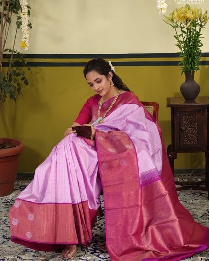 Light pink-Pink Pure kanchipuram silk saree with zari woven buttas & long zari woven border