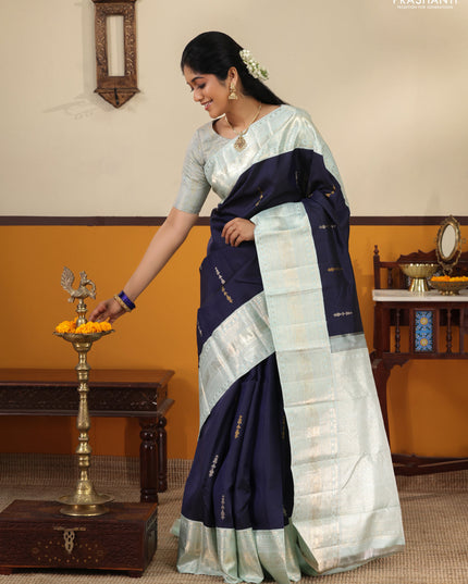 Navy blue-Pastel blue Pure kanchipuram silk saree With zari woven buttas & rich zari border