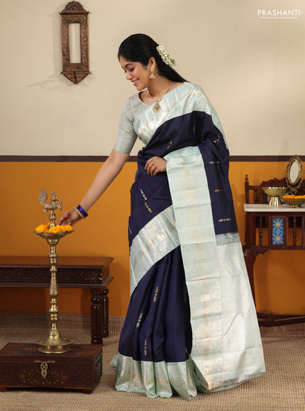 Navy blue-Pastel blue Pure kanchipuram silk saree With zari woven buttas & rich zari border