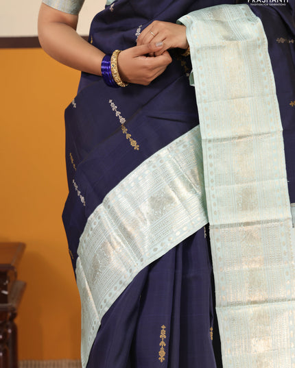 Navy blue-Pastel blue Pure kanchipuram silk saree With zari woven buttas & rich zari border