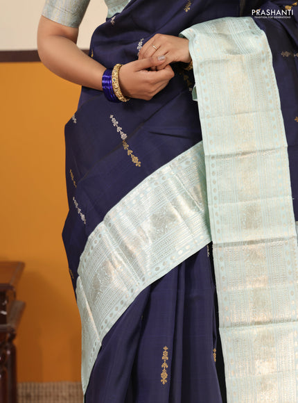 Navy blue-Pastel blue Pure kanchipuram silk saree With zari woven buttas & rich zari border