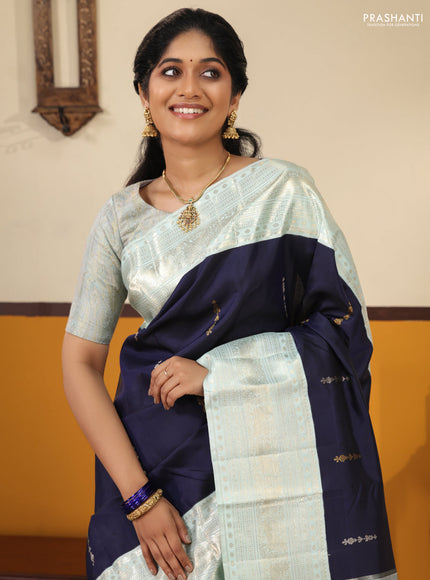 Navy blue-Pastel blue Pure kanchipuram silk saree With zari woven buttas & rich zari border