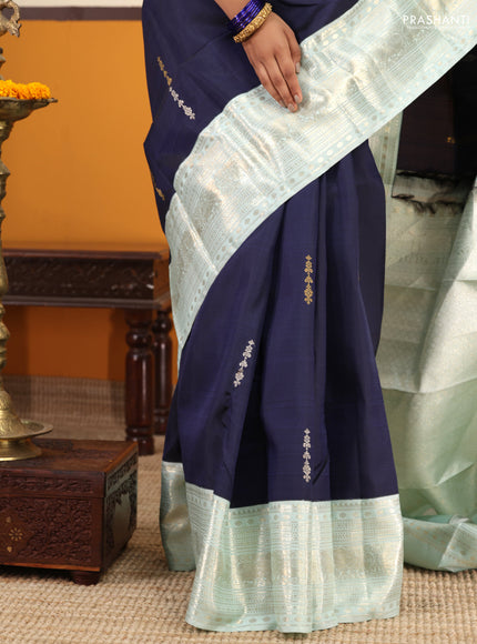 Navy blue-Pastel blue Pure kanchipuram silk saree With zari woven buttas & rich zari border