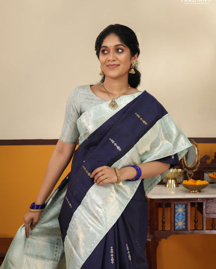 Navy blue-Pastel blue Pure kanchipuram silk saree With zari woven buttas & rich zari border