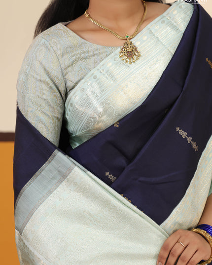 Navy blue-Pastel blue Pure kanchipuram silk saree With zari woven buttas & rich zari border