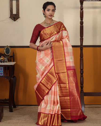 Peach pink-Maroon Pure Kanchipuram Silk Saree Paalum pazhamum Checks & Buttas And rich zari border