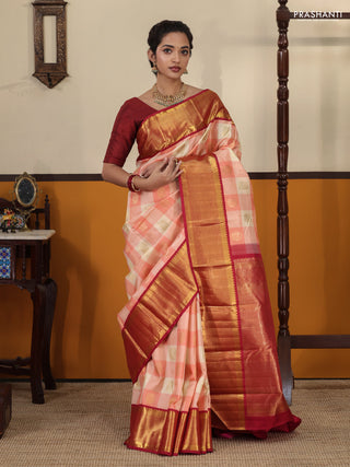 Peach pink-Maroon Pure Kanchipuram Silk Saree Paalum pazhamum Checks & Buttas And rich zari border