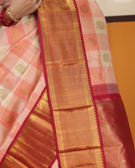 Peach pink-Maroon Pure Kanchipuram Silk Saree Paalum pazhamum Checks & Buttas And rich zari border
