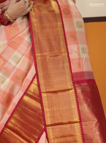 Peach pink-Maroon Pure Kanchipuram Silk Saree Paalum pazhamum Checks & Buttas And rich zari border