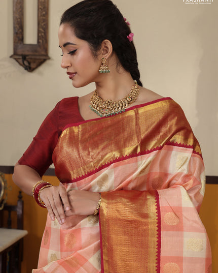 Peach pink-Maroon Pure Kanchipuram Silk Saree Paalum pazhamum Checks & Buttas And rich zari border