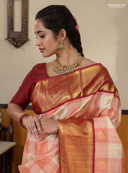 Peach pink-Maroon Pure Kanchipuram Silk Saree Paalum pazhamum Checks & Buttas And rich zari border