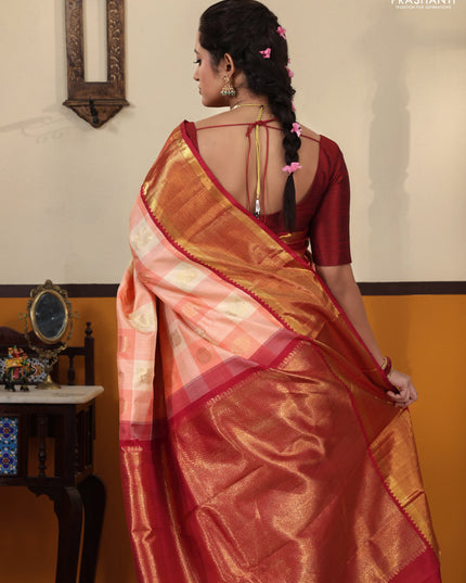 Peach pink-Maroon Pure Kanchipuram Silk Saree Paalum pazhamum Checks & Buttas And rich zari border