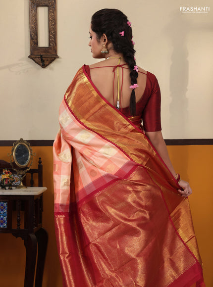 Peach pink-Maroon Pure Kanchipuram Silk Saree Paalum pazhamum Checks & Buttas And rich zari border