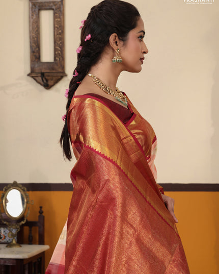 Peach pink-Maroon Pure Kanchipuram Silk Saree Paalum pazhamum Checks & Buttas And rich zari border