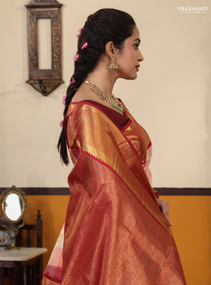 Peach pink-Maroon Pure Kanchipuram Silk Saree Paalum pazhamum Checks & Buttas And rich zari border