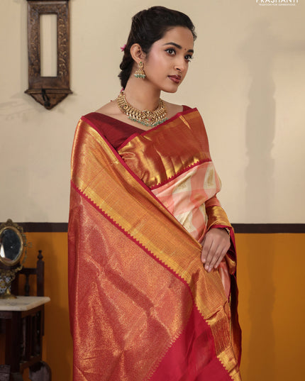 Peach pink-Maroon Pure Kanchipuram Silk Saree Paalum pazhamum Checks & Buttas And rich zari border
