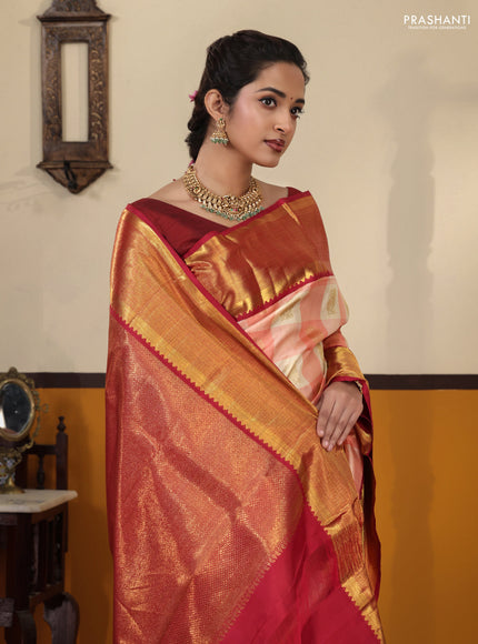 Peach pink-Maroon Pure Kanchipuram Silk Saree Paalum pazhamum Checks & Buttas And rich zari border