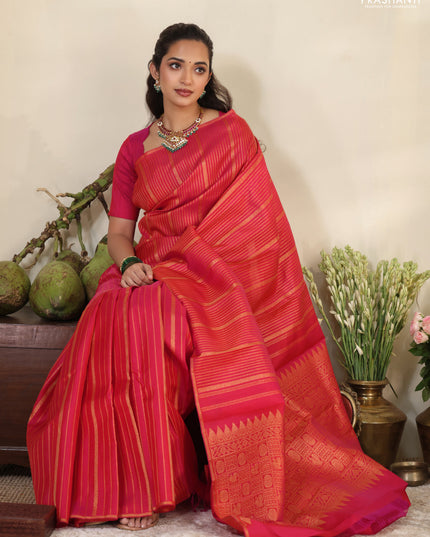 Pink pure kanchipuram silk saree with allover zari stripes pattern & in borderless style