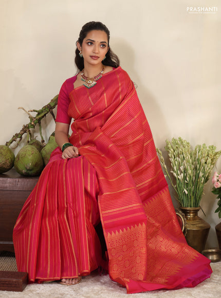 Pink pure kanchipuram silk saree with allover zari stripes pattern & in borderless style