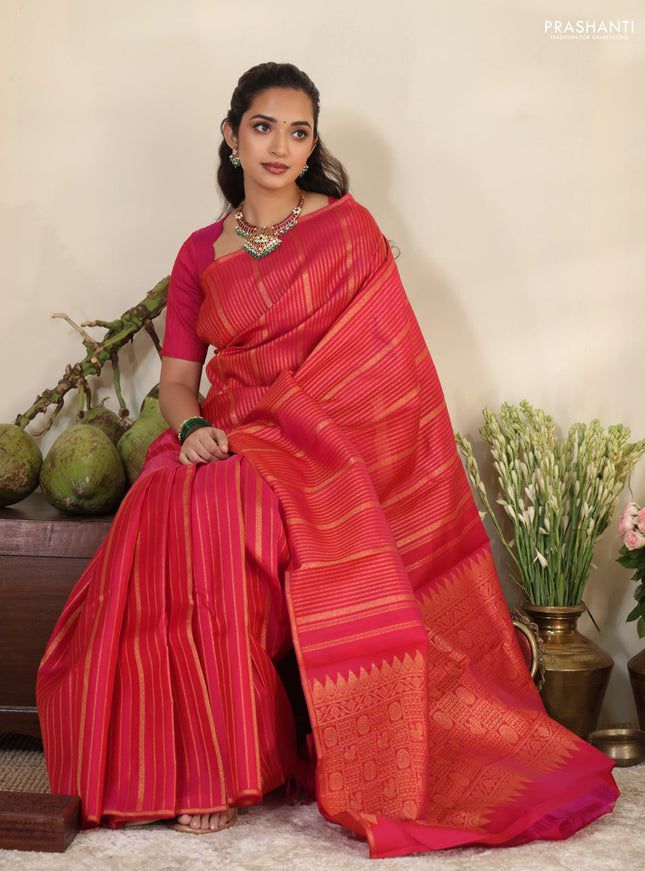Pink pure kanchipuram silk saree with allover zari stripes pattern & in borderless style