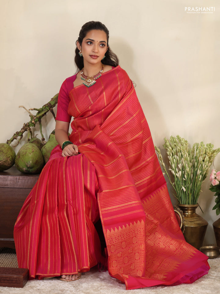Pink pure kanchipuram silk saree with allover zari stripes pattern & in borderless style