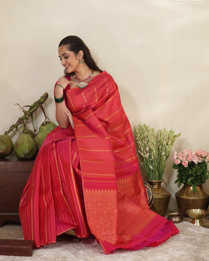 Pink pure kanchipuram silk saree with allover zari stripes pattern & in borderless style