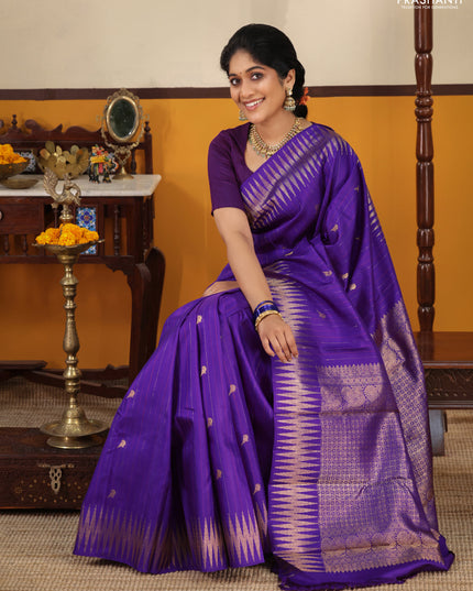 Violet Pure kanchipuram silk saree with thread & zari stripes and zig zag zari border